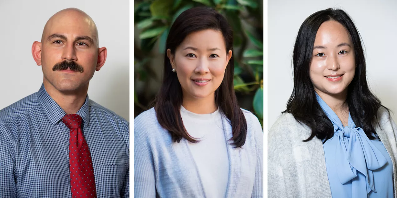 Composite image featuring three professional headshots arranged side by side. From left to right: a man with a shaved head, mustache, and red tie wearing a patterned dress shirt; a woman in a light-colored cardigan standing in front of a leafy outdoor background; and a woman wearing a light blue blouse and gray cardigan against a light gray studio background. All three are smiling at the camera.