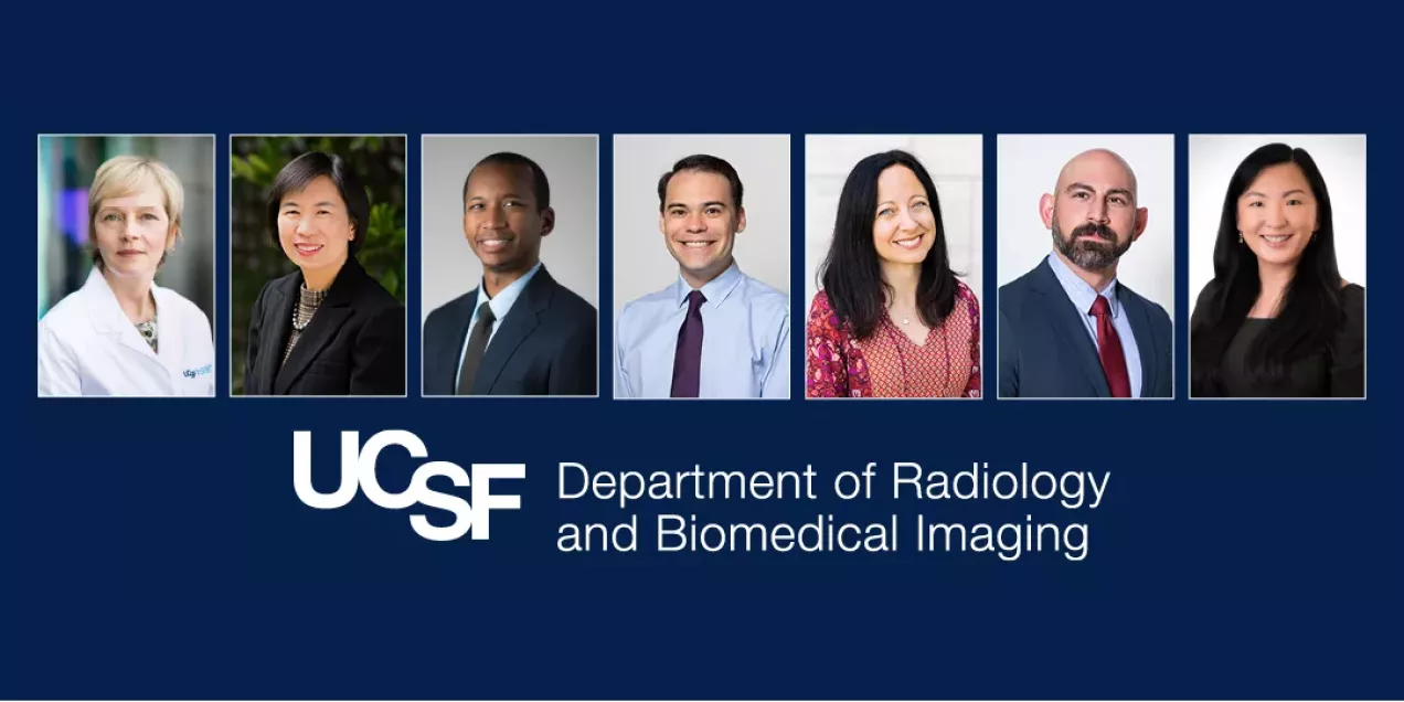 Banner graphic for the UCSF Department of Radiology and Biomedical Imaging featuring seven faculty and staff headshots arranged across the top. The UCSF logo and department name appear prominently below the portraits on a dark blue background.