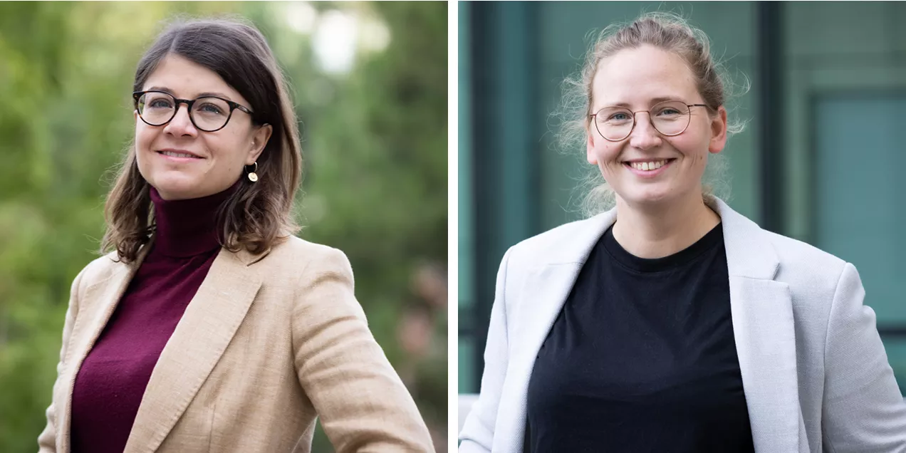 Portraits of Virginie Kreutzinger and Katharine Ziegler displayed side by side outdoors. Kreutzinger wears glasses, a burgundy turtleneck, and a tan blazer, while Ziegler wears glasses, a black top, and a light-colored blazer. Both are smiling, with green foliage softly blurred in the background.