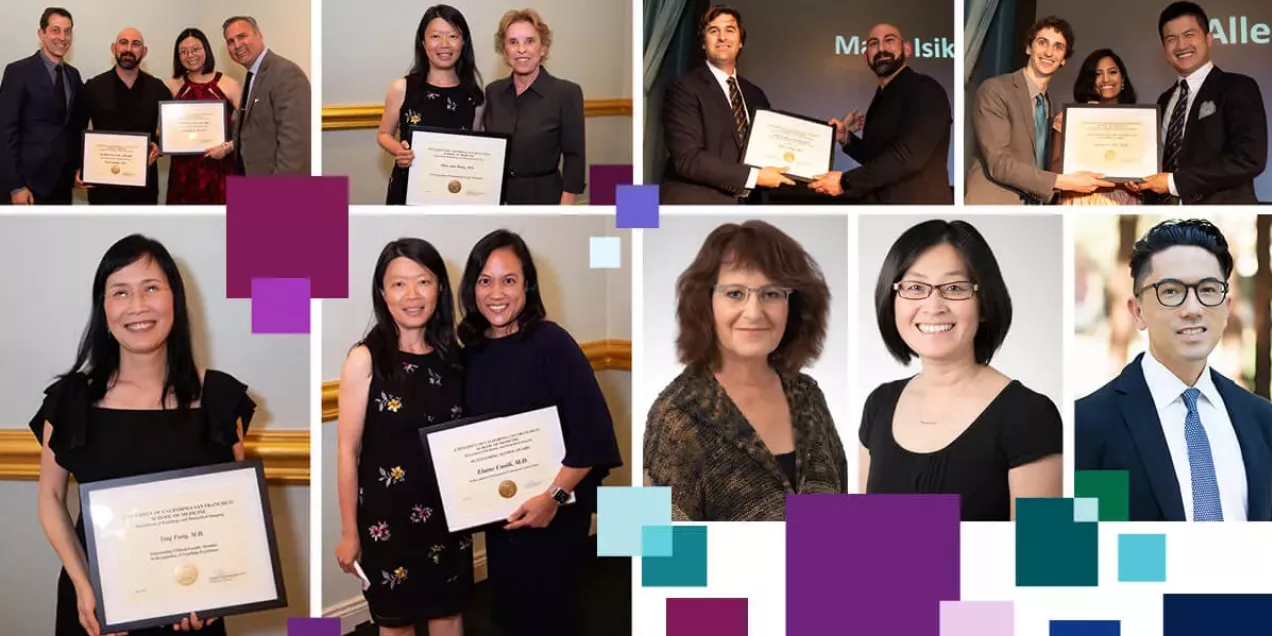 A collage of photographs highlighting award recipients at a recognition event. Several images show individuals and small groups posing with framed certificates during an awards ceremony, while others feature professional headshots of recipients. The collage includes presenters shaking hands with honorees, recipients smiling while holding awards, and formal portraits against neutral or blurred backgrounds. Decorative purple, teal, and blue geometric squares are overlaid throughout the collage.
