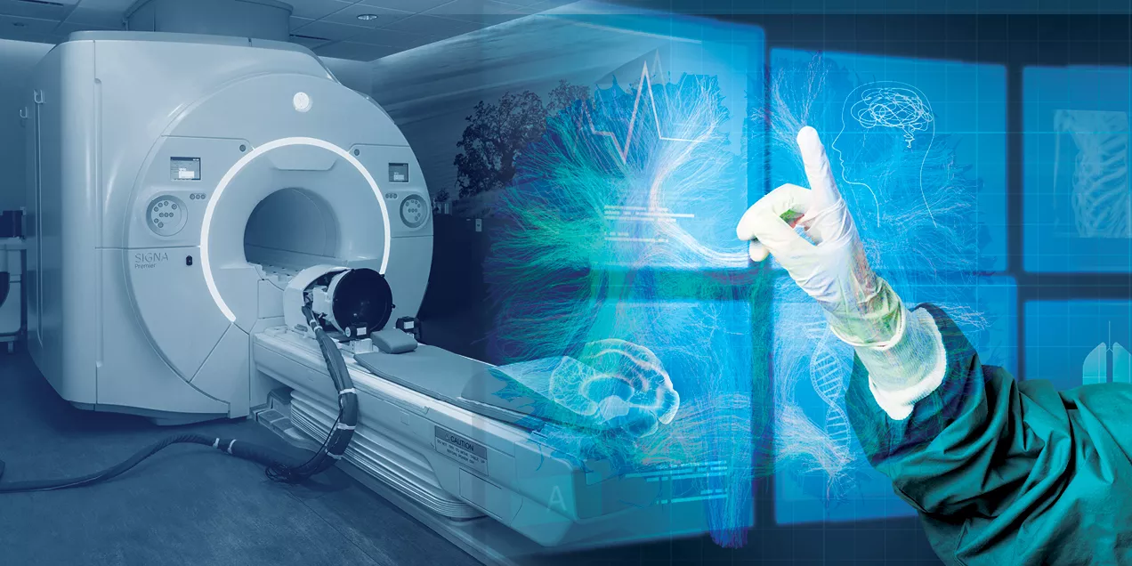 Stylized graphic of an MRI scanner overlaid with a translucent blue illustration of a human brain and neural network patterns, representing the use of artificial intelligence in medical imaging and radiology.