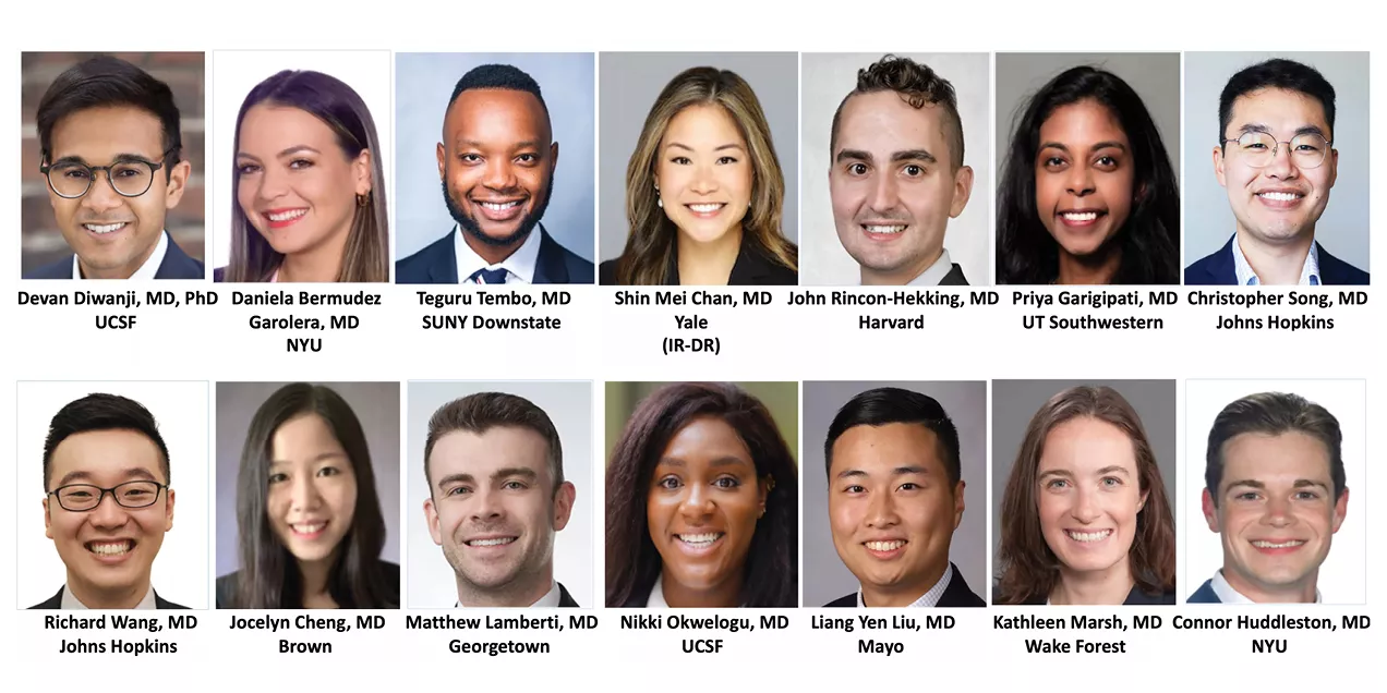 Headshots of 14 radiology residents arranged in two rows, with names and medical school affiliations displayed below each portrait.