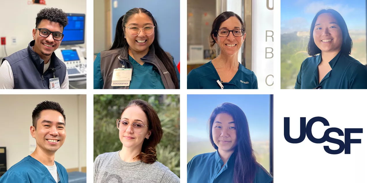 Collage featuring seven UCSF sonographers smiling in clinical and professional settings, alongside the UCSF logo.