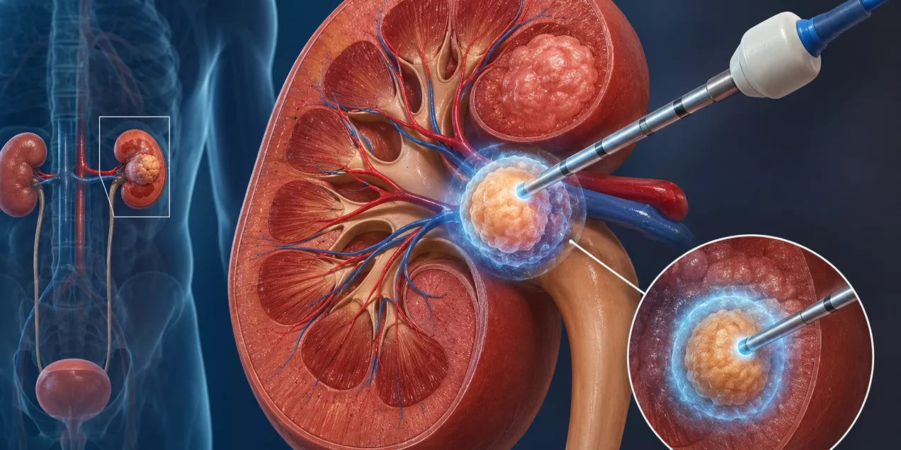 3D medical illustration showing a kidney tumor being treated with minimally invasive ablation using a needle-like probe, with an enlarged kidney cross-section and inset view highlighting the treatment area.