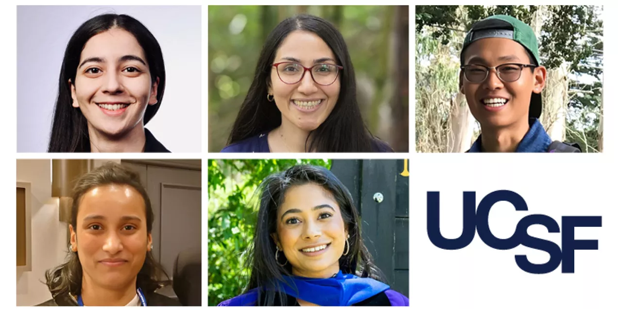 Collage featuring headshots of five UCSF postdoctoral scholars alongside the UCSF logo.