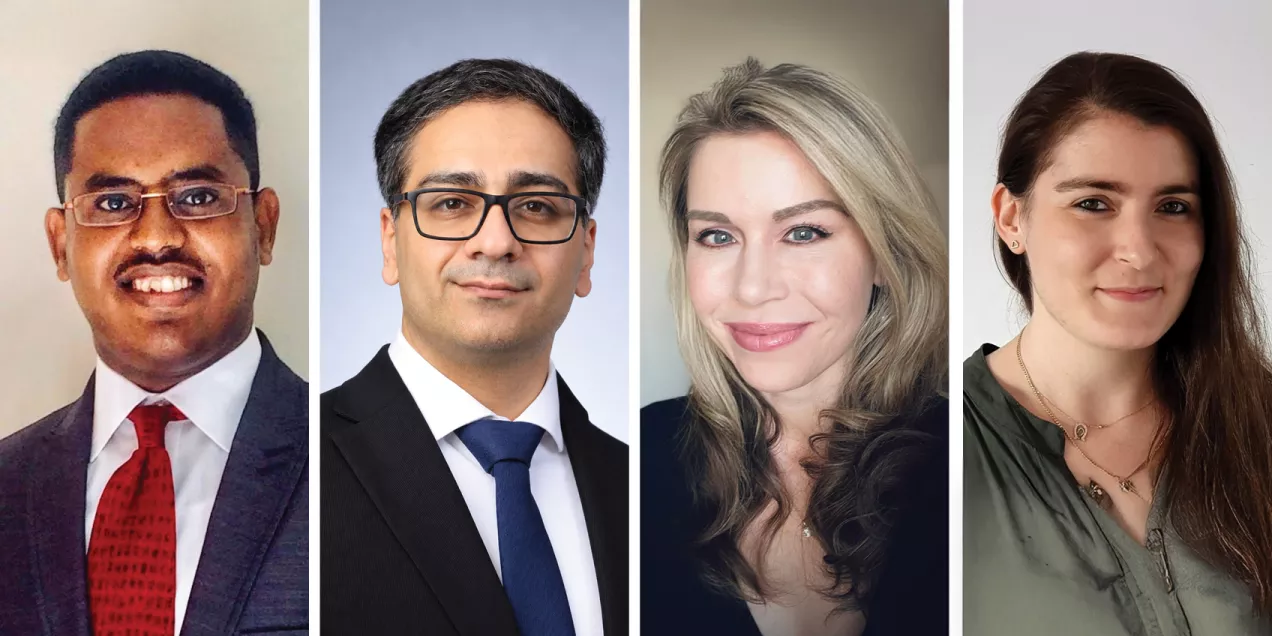 Four professional headshots arranged side by side, showing two men and two women smiling or looking toward the camera. All are dressed in professional attire against neutral or softly blurred backgrounds.