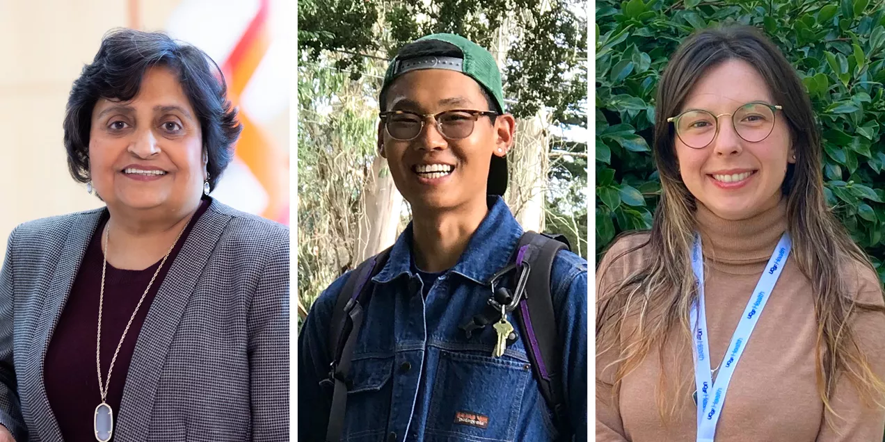 Portraits of three UCSF community members arranged side by side, including two outdoors against leafy backgrounds.