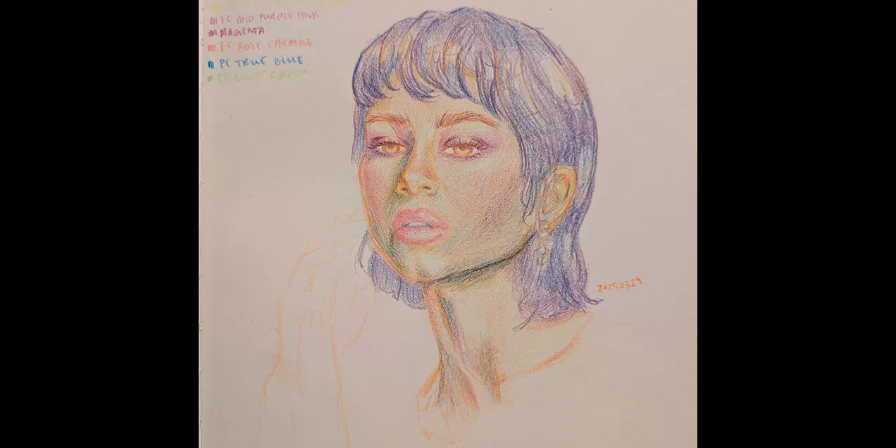 Colored pencil drawing of woman with short black hair
