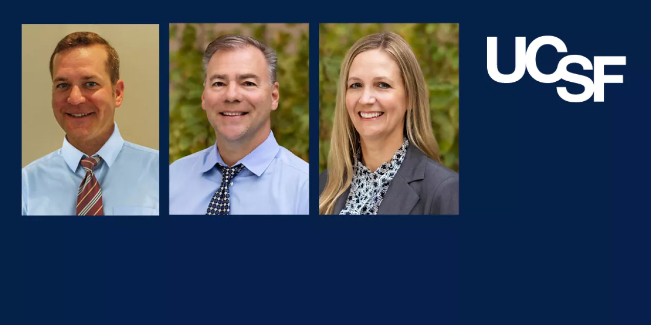 Three professional headshots of UCSF imaging operations leadership team members, arranged side by side on a navy-blue UCSF-branded graphic background.