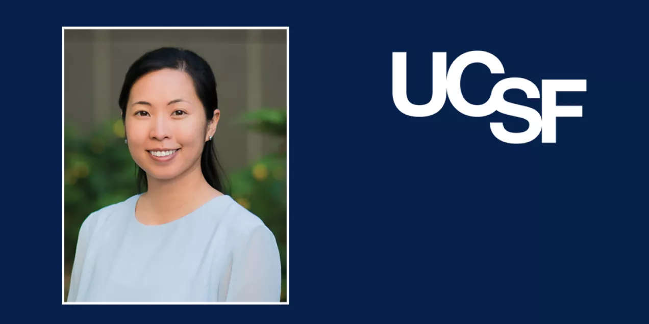 Maggie Chung smiling, standing outdoors with soft greenery in the background, placed on a navy-blue UCSF-branded graphic layout.