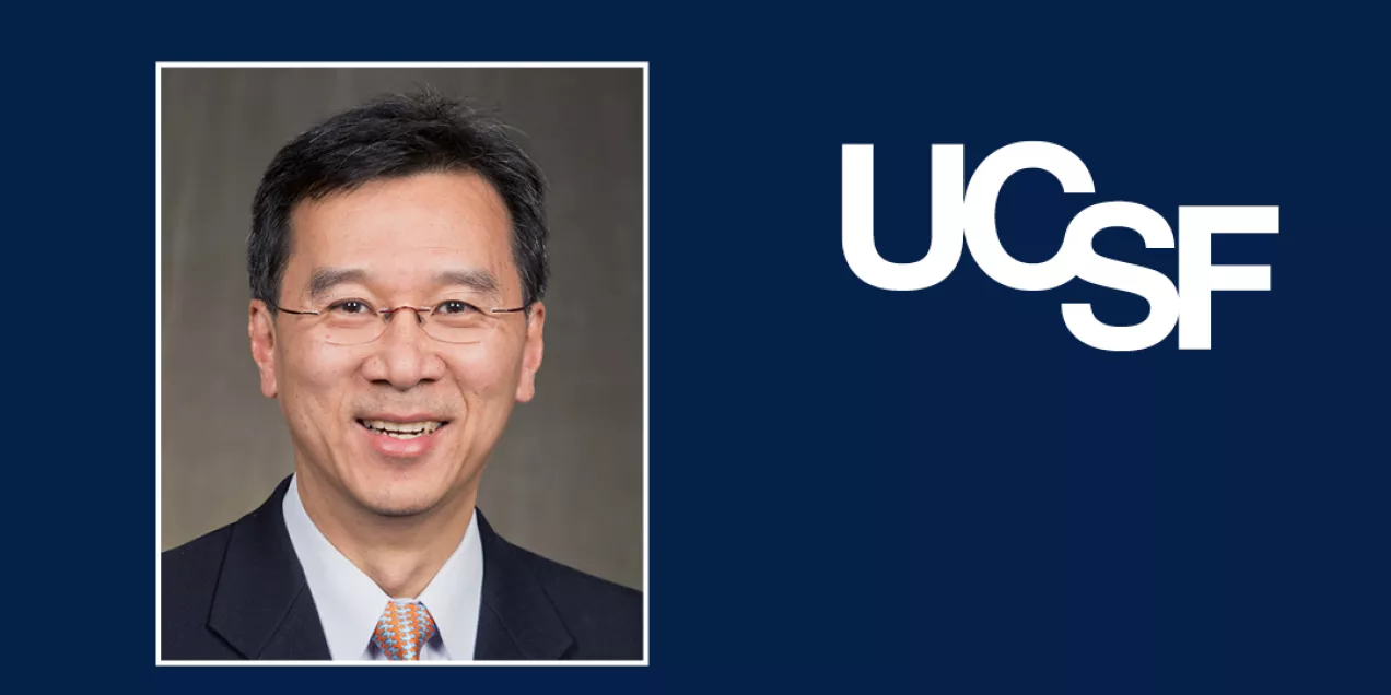 Chung Taylor portrait laid on a dark blue background next to UCSF letters