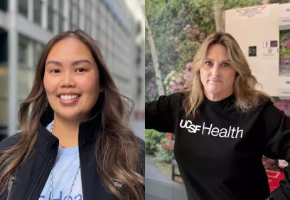 Two UCSF Health staff members featured side by side. On the left, one smiles outdoors in an urban setting wearing a black UCSF jacket. On the right, another stands confidently beside a mammography machine in a clinic room with a nature-themed wall mural, wearing a black UCSF Health sweatshirt.