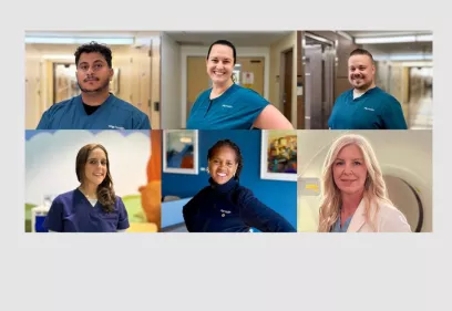 A collage of six UCSF healthcare workers shown in individual portraits. Top row: a man in teal scrubs standing in a hospital hallway, a woman in teal scrubs smiling with her hands on her hips, and a man in teal scrubs standing in a bright hallway. Bottom row: a woman in navy scrubs standing in front of a colorful pediatric-themed wall, a woman in a dark jacket smiling in a lounge area, and a woman with long blonde hair wearing a white lab coat standing in front of medical imaging equipment.