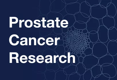 Stylized graphic for Prostate Cancer Research featuring white text on a dark blue background with a circular, cell-like geometric pattern on the right side.