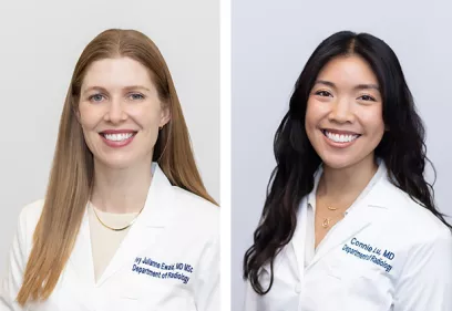 Two side-by-side professional headshots of women in clinical attire.