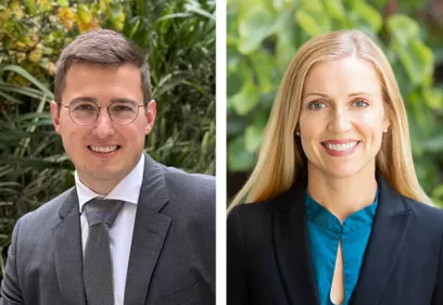 Two faculty members in side-by-side professional headshots against leafy outdoor backgrounds.