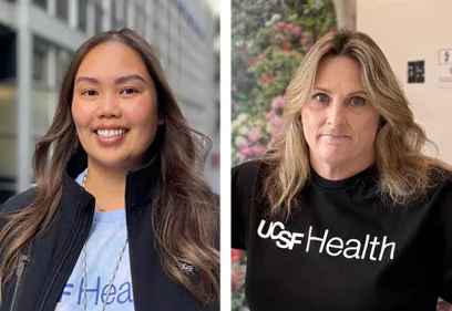 Two radiology staff members in side-by-side headshots. The person on the left stands outdoors in front of a building, and the person on the right wears a UCSF Health shirt indoors.