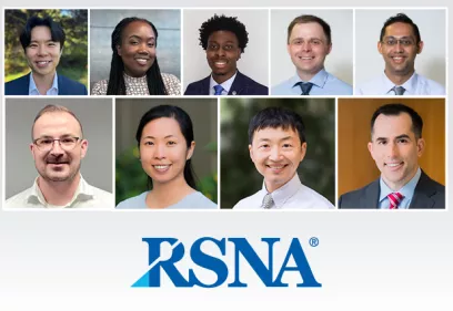 Alt text:  Composite image featuring eight professional headshots of individuals arranged in two rows. The portraits show a diverse group of smiling professionals in business or business-casual attire, photographed against a variety of neutral and softly blurred backgrounds. The collage appears to highlight a group of award recipients, researchers, trainees, or program participants in an academic or healthcare setting.