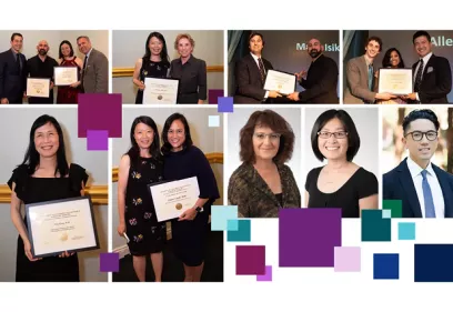alt text  A collage of award recipients and honorees at a recognition event. Several individuals pose holding framed certificates and awards, while professional headshots of recipients appear alongside the event photos. Decorative purple, teal, and blue geometric squares are overlaid throughout the design, creating a branded and celebratory visual highlighting achievements and recognition.