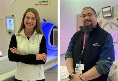 Side-by-side portraits of two healthcare professionals standing in a medical imaging environment. The person on the left stands with arms crossed in front of imaging equipment, while the person on the right wears an identification badge and smiles at the camera. Both are shown in a clinical setting, highlighting their roles in patient care and imaging services.