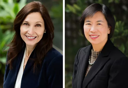 Composite image featuring professional headshots of Christine Glastonbury and Bonnie Joe displayed side by side. Both are smiling and wearing professional attire, photographed outdoors against softly blurred greenery. The image highlights the two UCSF radiology leaders in a combined portrait.