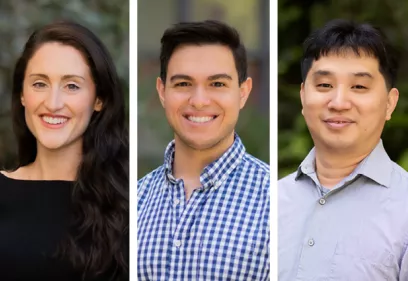 Composite image featuring professional outdoor headshots of Joelle Harwin, Omar Hassan, and Kang Wang arranged side by side. Each is smiling at the camera against softly blurred greenery and campus backgrounds. The image highlights the three researchers as a group portrait.