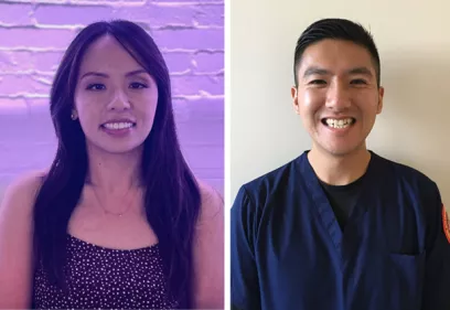Alt text:  Side-by-side portrait of two healthcare professionals. On the left, a woman with long dark hair smiles at the camera while standing in front of a purple-lit brick wall. On the right, a man wearing navy-blue medical scrubs smiles at the camera against a light-colored indoor background.