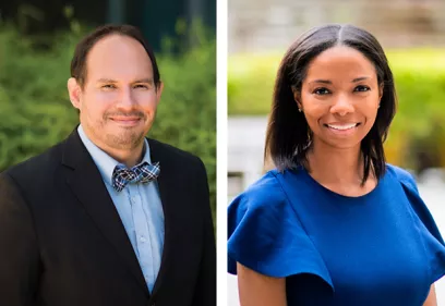 Composite image featuring professional outdoor headshots of Jesse Courtier and Kayla Cort arranged side by side. Courtier is shown wearing a dark suit jacket, light blue shirt, and patterned bow tie, while Cort is wearing a blue dress. Both are smiling at the camera against softly blurred outdoor backgrounds.