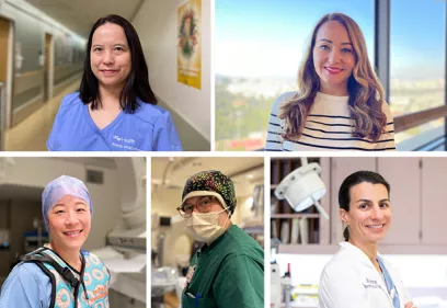 Collage of five healthcare professionals in clinical and hospital settings. The portraits show nurse practitioners wearing scrubs, lab coats, and surgical attire, with backgrounds including hospital corridors, procedure rooms, and an office overlooking the city. The individuals are smiling or looking toward the camera in professional healthcare environments.