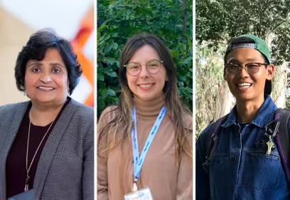 Three researchers shown in side-by-side portraits. On the left, a woman wearing a gray blazer and necklace smiles in an indoor setting with a softly blurred background. In the center, a woman wearing round glasses, a tan turtleneck sweater, and a conference lanyard stands outdoors in front of green foliage. On the right, a person wearing glasses, a backward green baseball cap, and a denim jacket smiles outdoors with a backpack and keys visible against a backdrop of trees.
