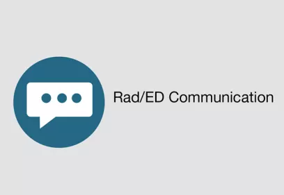 Graphic featuring a blue circular icon containing a white speech bubble with three dots, symbolizing communication or messaging. The text “Rad/ED Communication” appears to the right of the icon on a light gray background.