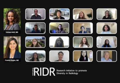 Promotional graphic for the UCSF Research Initiative to Promote Diversity in Radiology (RIDR). The image features a grid of virtual meeting participant portraits displayed against a black background, representing a diverse group of students, trainees, faculty, and professionals. Two larger portraits of physicians appear along the left side with their names displayed. At the bottom, the RIDR logo and the text “Research Initiative to Promote Diversity in Radiology” are prominently featured. The graphic highli