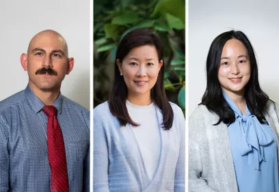 Composite image featuring three professional headshots arranged side by side. From left to right: a man with a shaved head, mustache, and red tie wearing a patterned dress shirt; a woman in a light-colored cardigan standing in front of a leafy outdoor background; and a woman wearing a light blue blouse and gray cardigan against a light gray studio background. All three are smiling at the camera.