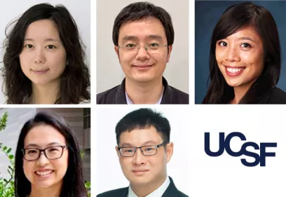 Collage of five newly appointed UCSF faculty members displayed in professional headshots, accompanied by the UCSF logo. The individuals are shown against a variety of neutral portrait backgrounds.