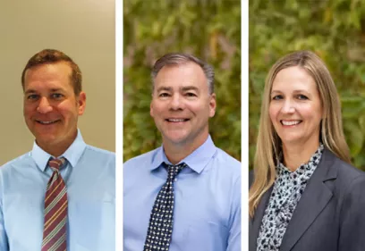 Alt text:  Composite image featuring three professional headshots of healthcare leaders. From left to right, a man in a light blue shirt and striped tie, a man in a light blue shirt and patterned tie, and a woman in a blazer and patterned blouse. All three are smiling at the camera, with neutral indoor and greenery-filled backgrounds.