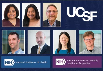 Graphic featuring the UCSF logo, portraits of seven faculty researchers, and logos for the National Institutes of Health (NIH) and the National Institute on Minority Health and Health Disparities (NIMHD). The image highlights a UCSF research team receiving NIH-supported funding for health disparities research.