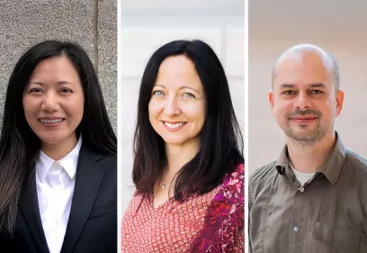 Composite portrait featuring three UCSF team members shown side by side. The individuals are photographed from the shoulders up and smiling at the camera. The person on the left wears a dark blazer and white collared shirt, the person in the center wears a patterned red top, and the person on the right wears a brown button-down shirt. Each portrait is set against a different neutral background.