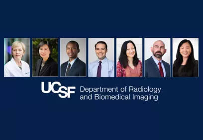 Alt text:  Banner graphic for the UCSF Department of Radiology and Biomedical Imaging featuring seven faculty and staff headshots arranged across the top. The UCSF logo and department name appear prominently below the portraits on a dark blue background.