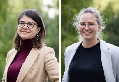Portraits of Virginie Kreutzinger and Katharine Ziegler displayed side by side outdoors. Kreutzinger wears glasses, a burgundy turtleneck, and a tan blazer, while Ziegler wears glasses, a black top, and a light-colored blazer. Both are smiling, with green foliage softly blurred in the background.