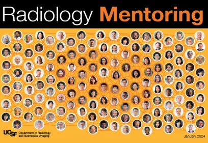 Poster featuring approximately 150 faculty, staff, and trainee headshots from the UCSF Department of Radiology and Biomedical Imaging. The portraits are arranged across an orange background and connected by a network of lines, illustrating mentorship and professional relationships throughout the department. UCSF branding appears in the lower left corner, with 'January 2024' shown in the lower right.