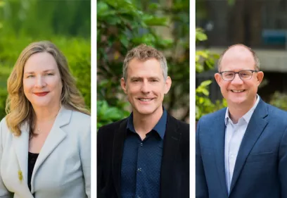 Three side-by-side professional headshots of individuals against softly blurred outdoor backgrounds with greenery. From left to right: a person with shoulder-length blonde hair wearing a light blue blazer over a black top; a person with short light brown hair wearing a dark blazer over a blue collared shirt; and a person wearing glasses and a blue suit jacket over a light blue shirt. All three are smiling and facing the camera.