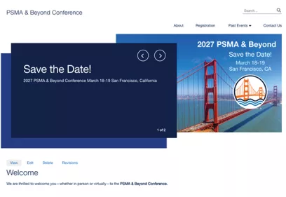 Screenshot of the PSMA & Beyond Conference website homepage featuring a "Save the Date!" banner for the 2027 conference, scheduled for March 18–19 in San Francisco, California. The page includes navigation links and an image of the Golden Gate Bridge with the conference logo.