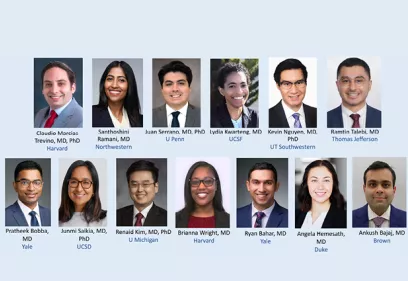 Grid of professional headshots of twelve incoming radiology residents. Each portrait is labeled with the resident's name, medical degree, and medical school or institution.