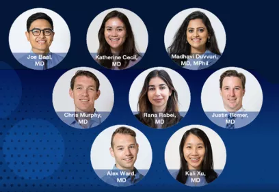 Graphic featuring circular headshots of eight radiology residents arranged on a blue background. Each portrait is labeled with the resident's name and "MD" (one also includes "MPhil"), recognizing the residents as part of Resident Appreciation Day.