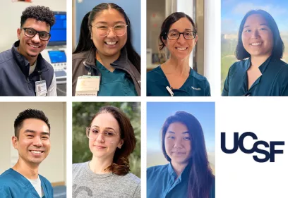 Collage featuring seven UCSF sonographers smiling in clinical and professional settings, alongside the UCSF logo.