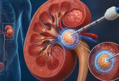 3D medical illustration showing a kidney tumor being treated with minimally invasive ablation using a needle-like probe, with an enlarged kidney cross-section and inset view highlighting the treatment area.