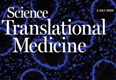Cover of Science Translational Medicine, dated July 3, 2024, featuring a dark microscopic image with blue circular cellular structures and scattered green highlights.