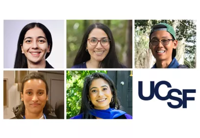 Collage featuring headshots of five UCSF postdoctoral scholars alongside the UCSF logo.