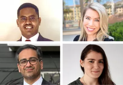 Four professional headshots arranged side by side, showing two men and two women smiling or looking toward the camera. All are dressed in professional attire against neutral or softly blurred backgrounds.