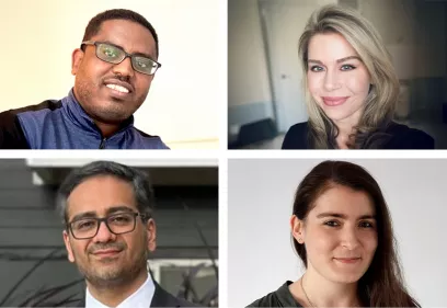 Four professional headshots arranged side by side, showing two men and two women smiling or looking toward the camera. All are dressed in professional attire against neutral or softly blurred backgrounds.